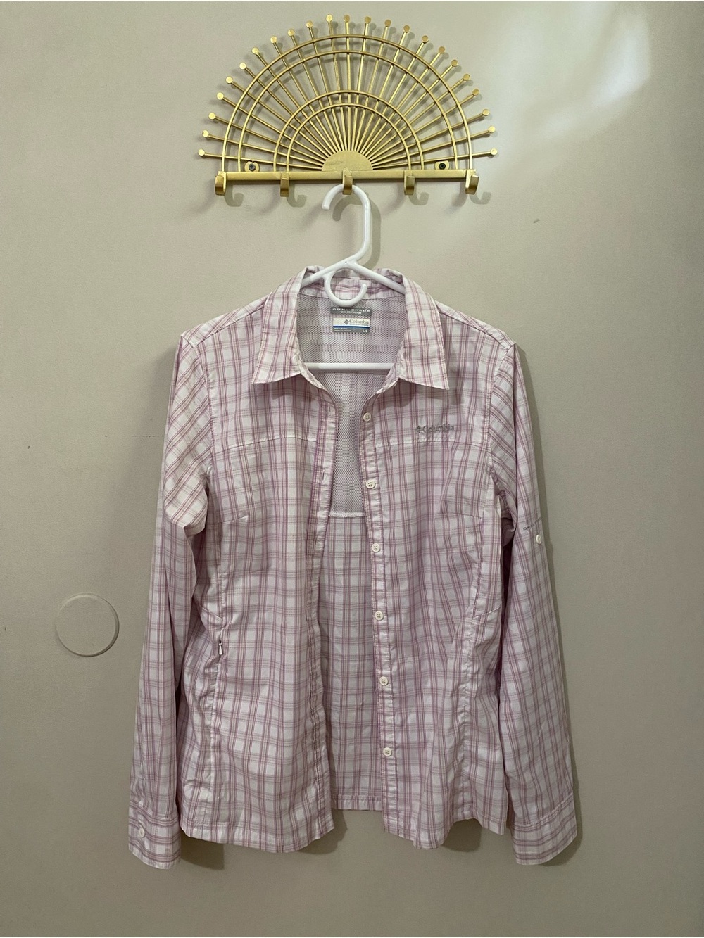 Columbia Light Pink and White Plaid Long-Sleeve Sun Protection Shirt